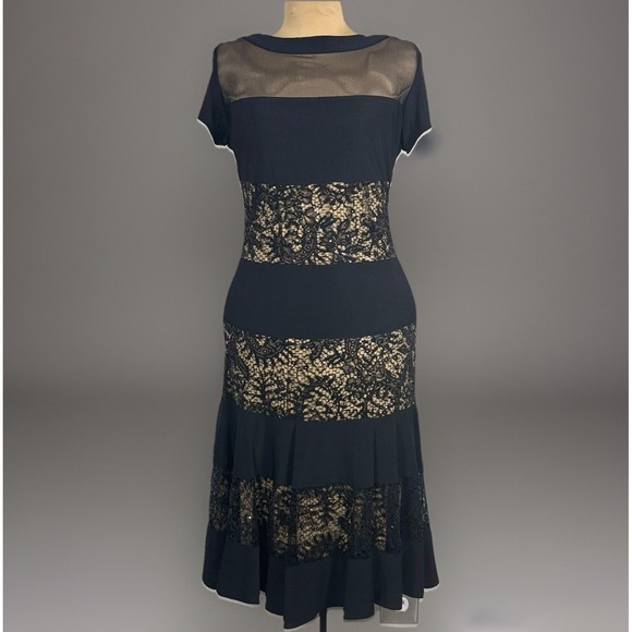 R&M Richards Dresses & Skirts - NWT R&M Richards Black Nude Sequin Inset Short Sleeve Midi Flare Dress 14 Party